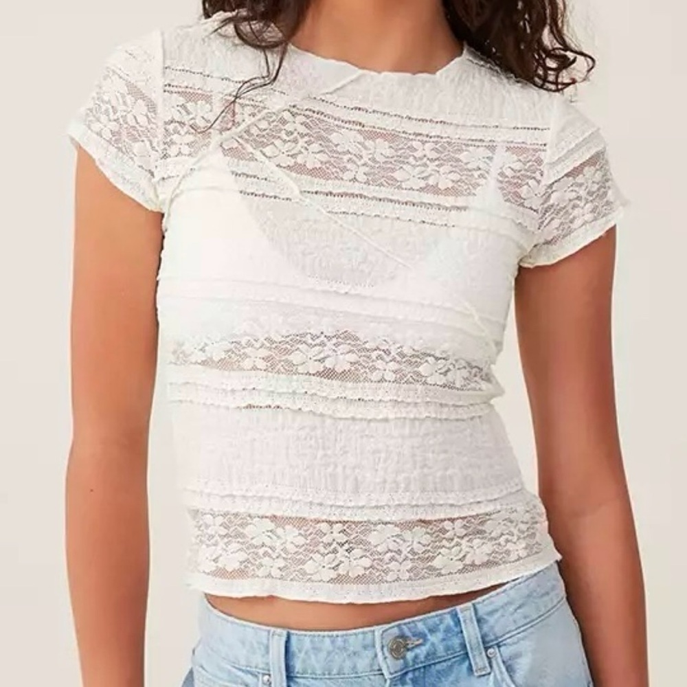 Cotton on Lace White Short Sleeve Mesh Top